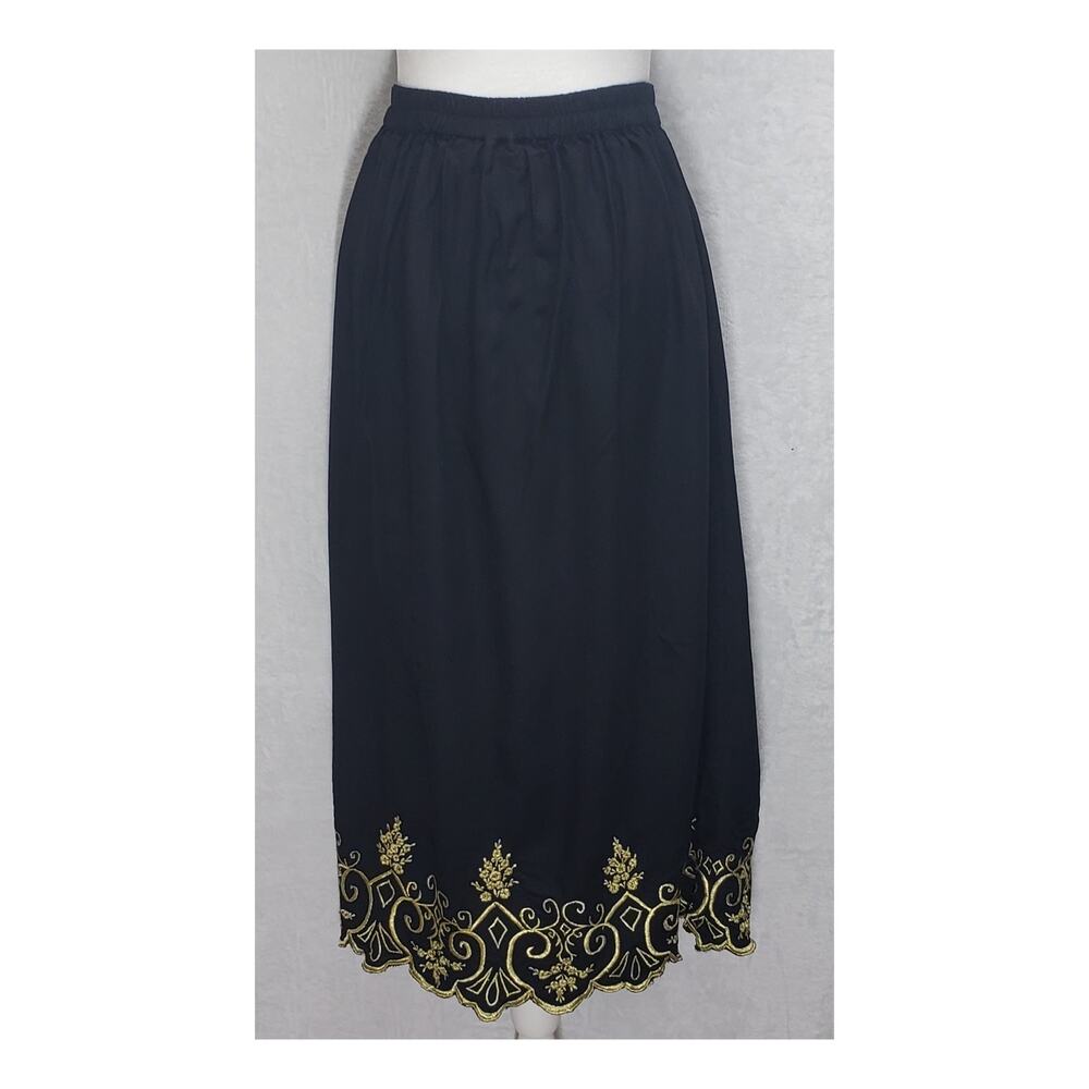 VTG Bali Rayon Midi Skirt M Black Gold Baroque Whimsigoth Regency Fairycore OS